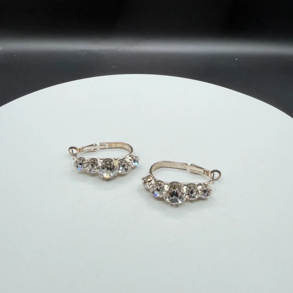 Rhinestone Hoop Earrings Silver Tone Clear Crystal Statement Wedding Glam Gift